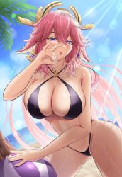 Rule 34 | 1girl, absurdres, ball, beach, beachball, bikini, blush, breasts, cameltoe, cleavage, genshin impact, highres, large breasts, long hair, looking at viewer, meron (mblalula), open mouth, pink hair, purple eyes, solo, swimsuit, yae miko