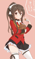 Rule 34 | 1girl, aiguillette, akagi (kancolle), alternate hairstyle, amagi brilliant park, bad id, bad pixiv id, bag, bow, cosplay, croquette, food, frilled skirt, frills, hair ribbon, holding, holding food, jpeg artifacts, kantai collection, leg ribbon, paper bag, pink background, ponytail, pun, ribbon, sento isuzu, sento isuzu (cosplay), simple background, skirt, smile, solo, takehana note, thigh ribbon, thighhighs, thighs, translation request, uniform, white thighhighs