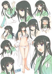 Rule 34 | 10s, 1girl, :d, :o, ^ ^, bad id, bad nicoseiga id, barefoot, black hair, blue eyes, blush, bra, breasts, character sheet, clenched hand, closed eyes, collarbone, closed eyes, leg up, long hair, mahouka koukou no rettousei, multiple views, necktie, open mouth, panties, running, school uniform, shiba miyuki, sketch, smile, sousouman, underwear, underwear only, undressing, waving, white background, white bra, white panties