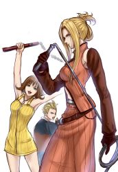 Rule 34 | 1boy, 2girls, belt, blonde hair, blue eyes, breasts, detached sleeves, facial mark, final fantasy, final fantasy viii, fingerless gloves, gloves, green eyes, hair between eyes, hair bun, highres, holding, holding weapon, igusaharu, jewelry, large breasts, long hair, long skirt, lower teeth only, medium breasts, midriff, mohawk, multiple girls, necklace, nunchaku, open mouth, orange shirt, orange skirt, parted bangs, quistis trepe, selphie tilmitt, shirt, short hair, single hair bun, skirt, smile, square enix, teeth, upper body, upper teeth only, weapon, whip, yellow overalls, zell dincht