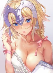 Rule 34 | 1girl, aimee (emi), blonde hair, blue eyes, blush, braid, breasts, cleavage, convenient censoring, dress, fate/apocrypha, fate/grand order, fate (series), gradient background, headpiece, jeanne d&#039;arc (fate), jeanne d&#039;arc (ruler) (fate), looking at viewer, medium breasts, parted lips, pink ribbon, ribbon, solo, white dress
