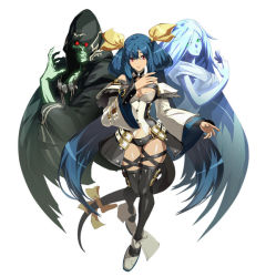 Rule 34 | 1girl, arc system works, asymmetrical wings, blue hair, breasts, choker, dizzy (guilty gear), full body, green eyes, guilty gear, guilty gear xrd, guilty gear xrd: revelator, long hair, medium breasts, monster girl, necro (guilty gear), official art, red eyes, ribbon, smile, tail, tail ornament, tail ribbon, thighhighs, twintails, undine (guilty gear), very long hair, wide sleeves, wings