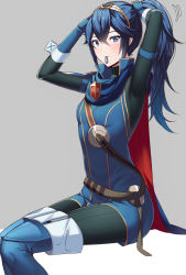 Rule 34 | 1girl, alternate hairstyle, ameno (a meno0), arms up, belt, black sweater, blue cape, blue eyes, blue footwear, blue gloves, blush, boots, brown belt, cape, fingerless gloves, fire emblem, fire emblem awakening, gloves, grey background, hair between eyes, long hair, long sleeves, looking at viewer, lucina (fire emblem), mouth hold, nintendo, ponytail, red cape, ribbed sweater, simple background, sitting, solo, sweater, tiara, two-tone cape, tying hair