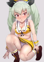 Rule 34 | 10s, 1girl, anchovy (girls und panzer), breasts, cleavage, female focus, girls und panzer, green hair, hat, highres, long hair, looking at viewer, medium breasts, open mouth, panties, pantyshot, red eyes, sikijou77o, skirt, solo, sweat, twintails, underwear
