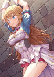 Rule 34 | 1girl, 3:, against wall, ahoge, arms up, ascot, blue eyes, blush, bow, breasts, cleavage, closed mouth, corset, cowboy shot, dress, dutch angle, frilled sleeves, frills, gloves, hirokazu (analysis-depth), layered dress, long hair, medium breasts, orange hair, pecorine (princess connect!), princess connect!, puffy short sleeves, puffy sleeves, red ascot, restrained, short sleeves, shrug (clothing), solo, stone wall, sweat, thighs, underbust, v-shaped eyebrows, very long hair, wall, white dress, white gloves, yellow bow