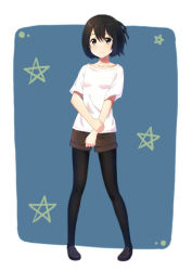 Rule 34 | 1girl, black footwear, black hair, black pantyhose, blue background, blue eyes, blush, bob cut, closed mouth, collarbone, full body, hair between eyes, highres, holding own arm, legs apart, pantyhose under shorts, light blush, light smile, loafers, looking at viewer, messy hair, original, outside border, pantyhose, shirt, shoes, short hair, short sleeves, shorts, solo, standing, star (symbol), star print, starry background, striped, tanbonota46, white shirt