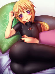 Rule 34 | 10s, 1girl, :d, alternate breast size, androgynous, ass, bed sheet, blonde hair, blush, bodysuit, charlotte dunois, crop top, crossdressing, flat chest, hand up, head tilt, infinite stratos, jewelry, kachiwarigoori, long hair, looking at viewer, low ponytail, lying, midriff, necklace, on side, open mouth, pantyhose, pendant, pillow, pilot suit, ponytail, purple eyes, reverse trap, skin tight, smile, solo, spandex, star (symbol), star print, turtleneck
