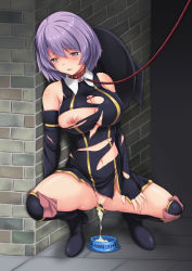 Rule 34 | 10s, 1girl, aftersex, bare shoulders, bdsm, black dress, blush, boots, bottomless, bowl, breasts, brick wall, collar, convenient censoring, cum, cum in pussy, cumdrip, detached collar, dress, full body, grey eyes, hai to gensou no grimgar, hat, unworn hat, unworn headwear, kishimen, knee boots, large breasts, leash, long sleeves, looking away, navel, nipples, no bra, open mouth, pet bowl, purple hair, pussy, see-through, shihoru (grimgar), short dress, short hair, slave, solo, spread legs, squatting, torn clothes, torn dress, viewer holding leash, wall, witch hat