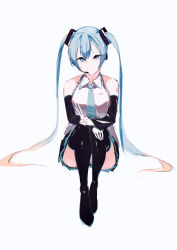 Rule 34 | 1girl, absurdres, black footwear, black skirt, black sleeves, blue eyes, blue hair, blue nails, blue necktie, boots, closed mouth, collared shirt, detached sleeves, full body, hatsune miku, headphones, headset, highres, long hair, long sleeves, looking at viewer, microphone, miniskirt, nail polish, necktie, pleated skirt, potetoneko, shirt, simple background, sketch, skirt, sleeveless, sleeveless shirt, smile, solo, thigh boots, thighhighs, twintails, v, very long hair, vocaloid, white background, white shirt, wing collar, zettai ryouiki