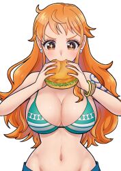 Rule 34 | 1girl, bikini, bikini top only, breasts, burger, cleavage, curvy, denim, eating, highres, jeans, large breasts, long hair, midriff, nami (one piece), navel, one piece, orange hair, pants, solo, sparkling eyes, swimsuit