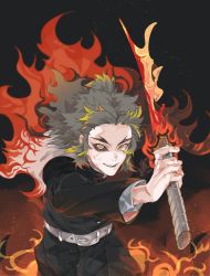 Rule 34 | 1boy, alternate universe, belt, blonde hair, cape, cowboy shot, dark, fire, flame print, flaming sword, flaming weapon, forked eyebrows, fuji (c-b-s), grey hair, grin, heterochromia, highres, holding, holding sword, holding weapon, kimetsu no yaiba, long hair, long sleeves, looking at viewer, male focus, mismatched sclera, outstretched arm, red eyes, rengoku kyoujurou, ringed eyes, smile, solo, sword, uniform, veins, weapon, yellow eyes