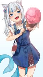 Rule 34 | 1girl, animal ears, bag, blue eyes, blue hair, cat ears, cube hair ornament, denim dress, fins, fish tail, food, gawr gura, gawr gura (casual), haido (unisan), hair ornament, highres, holding, holding food, hololive, hololive english, ice cream, looking at viewer, medium hair, multicolored hair, open mouth, overall skirt, shark girl, shark tail, sharp teeth, shirt, short sleeves, shoulder bag, side ponytail, simple background, smile, solo, streaked hair, tail, teeth, upper teeth only, virtual youtuber, white background, white hair, white shirt