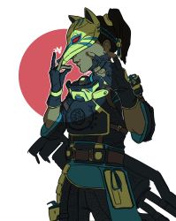 Rule 34 | 1girl, absurdres, apex legends, bell, black gloves, black jumpsuit, brown hair, flagship giham, fox mask, fox shadow puppet, gloves, hair behind ear, heart, highres, jumpsuit, korean commentary, mask, official alternate costume, partially fingerless gloves, rampart (apex legends), sheila (minigun), side ponytail, sly fox rampart, smile, solo, weapon, weapon on back, white background