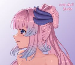 Rule 34 | 1girl, artist name, blue hair, bowlp, commentary request, dated, genshin impact, gradient hair, highres, long hair, looking to the side, multicolored hair, nude, open mouth, pink hair, ponytail, portrait, profile, purple background, purple eyes, sangonomiya kokomi, signature, solo