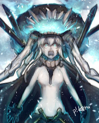 10s 1girl abyssal_ship black_gloves blue_eyes breasts cape constricted_pupils female_focus gloves glowing hair_between_eyes highres kantai_collection open_mouth outline p!k@ru short_hair_with_long_locks sidelocks silver_hair solo uvula wo-class_aircraft_carrier