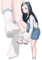 Rule 34 | 1girl, absurdres, blue hair, blue shorts, closed mouth, feet, foot focus, foot out of frame, forehead, ghhoward, green eyes, grey hair, hair ribbon, highres, holding, knee up, legs, long hair, long sleeves, looking at viewer, multicolored hair, multiple views, no shoes, original, putting on shoes, ribbed socks, ribbon, shirt, shoes, shorts, sidelocks, simple background, skindentation, sneakers, socks, soles, standing, standing on one leg, streaked hair, toes, torn clothes, torn shorts, white background, white footwear, white ribbon, white shirt, white socks