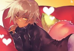Rule 34 | 1girl, blazblue, breasts, bullet (blazblue), casual, commentary request, dark skin, dark-skinned female, heart, highres, large breasts, looking at viewer, lying, on stomach, orange eyes, ozi circle, pillow, pout, scar, scar on face, scar on nose, short hair, silver hair, solo, steepled fingers, sweater, turtleneck, turtleneck sweater
