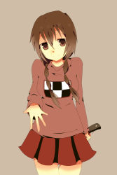 Rule 34 | 1girl, blood, braid, highres, knife, looking at viewer, madotsuki, outstretched hand, pink shirt, shirt, skirt, smile, solo, sweater, tenma (xxx), twin braids, twintails, weapon, yume nikki
