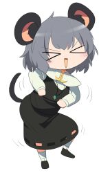 Rule 34 | &gt; &lt;, 1girl, :d, animal ears, black footwear, black skirt, black vest, capelet, closed eyes, commentary request, cookie (touhou), dancing, flat chest, full body, grey hair, highres, lets0020, long sleeves, medium bangs, mouse ears, mouse girl, mouse tail, nazrin, nyon (cookie), open mouth, shirt, shoes, short hair, simple background, skirt, skirt set, smile, socks, solo, tail, touhou, v-shaped eyebrows, vest, white background, white capelet, white shirt, white socks, xd