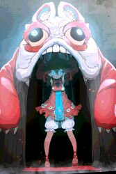 Rule 34 | absurdres, animal ears, arms up, blue eyes, brown hair, closed mouth, ddari, dress, full body, glowing, glowing eyes, highres, long hair, looking at viewer, monster, original, red dress