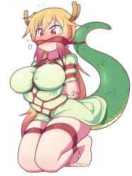 Rule 34 | 1girl, arms behind back, bagelbomb, barefoot, bdsm, blonde hair, blush, bondage, bound, bound arms, bound legs, box tie, breast bondage, breasts, fang, feet, full body, gag, gagged, horns, kneeling, kobayashi-san chi no maidragon, large breasts, legs, legs together, long hair, multicolored hair, red eyes, rope, rope gag, shibari, shibari over clothes, shirt, short sleeves, simple background, slit pupils, solo, sweat, tail, thighs, toes, tohru (maidragon), white background