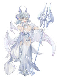 Rule 34 | 1girl, absurdres, armored leotard, breasts, cleavage, demon girl, demon horns, demon wings, dress, duel monster, gloves, grey eyes, highres, holding, horns, large breasts, looking at viewer, lovely labrynth of the silver castle, low wings, ojou-sama pose, pointy ears, senada37, smile, solo, transparent wings, twintails, white background, white hair, white horns, wings, yu-gi-oh!