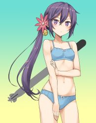 Rule 34 | &gt;:t, 10s, 1girl, :t, akebono (kancolle), bare shoulders, bell, blue bra, blue panties, blush, bow, bow bra, bow panties, bra, breasts, cowboy shot, eyebrows, flower, gradient background, hair bell, hair between eyes, hair flower, hair ornament, jingle bell, kantai collection, long hair, looking at viewer, navel, panties, ponytail, pout, purple eyes, purple hair, side ponytail, small breasts, solo, standing, takayaki, torpedo, tsurime, underwear, underwear only, v-shaped eyebrows