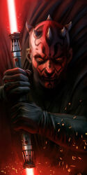 Rule 34 | 1boy, alien, black gloves, black robe, colored skin, commentary, darth maul, double bladed lightsaber, embers, energy sword, english commentary, facial tattoo, gloves, highres, holding lightsaber, horns, lightsaber, looking at viewer, pabloolivera, portrait, red eyes, red lightsaber, red skin, robe, sith, solo, star wars, star wars: the phantom menace, sword, tattoo, weapon, zabrak