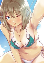Rule 34 | 10s, 1girl, adapted costume, bare arms, bare shoulders, bikini, blue eyes, breasts, brown hair, cleavage, cloud, cloudy sky, day, hair ornament, hairclip, headgear, highres, kantai collection, large breasts, lips, looking at viewer, maya (kancolle), maya kai ni (kancolle), navel, nekotama1987, one eye closed, open mouth, sailor bikini, sailor collar, short hair, side-tie bikini bottom, sideboob, sky, solo, stomach, sweat, swimsuit, thighs, x hair ornament