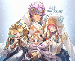 Rule 34 | 1boy, 1other, 3girls, anniversary, armor, blonde hair, blue hair, blunt bangs, blush, braid, brother and sister, brown gloves, carrying, carrying person, closed mouth, commentary request, copyright name, dress, earrings, english text, feather trim, fire emblem, fire emblem heroes, fjorm (fire emblem), flower, fur trim, gloves, gradient hair, gunnthra (fire emblem), hair between eyes, hair ornament, hat, highres, hood, hood up, hooded robe, hrid (fire emblem), jewelry, kiran (fire emblem), long hair, long sleeves, looking at another, looking at viewer, looking down, looking to the side, multicolored hair, multiple girls, nakabayashi zun, nintendo, open mouth, pink hair, purple eyes, purple hair, robe, rose, short hair, shoulder armor, siblings, simple background, sisters, smile, snow, snowing, tiara, two-tone hair, veil, white flower, white gloves, white hair, white headwear, white robe, white rose, wide sleeves, ylgr (fire emblem)