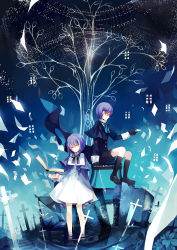 Rule 34 | 1boy, 1girl, bad id, bad pixiv id, black gloves, blue hair, book, brother and sister, cape, chair, coat, cross, dhiea, dhiea seville (pause), dress, floating, floating book, floating object, flower, flying paper, gloves, lights, mo seville (pause), original, paper, shirt, short hair, shorts, siblings, sitting, standing, tree, water, waves, white dress, yellow eyes