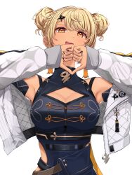 Rule 34 | 1girl, absurdres, black nails, blonde hair, blue dress, braid, breasts, cleavage cutout, clothing cutout, commentary request, cropped jacket, double bun, dress, fang, hair bun, hair ornament, hands up, hatogayar, highres, jacket, kaminari qpi, looking at viewer, medium breasts, nail polish, off shoulder, open clothes, open jacket, open mouth, own hands together, simple background, skin fang, solo, upper body, virtual youtuber, vspo!, white background, white jacket, yellow eyes
