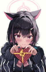 Rule 34 | 1girl, absurdres, animal ears, black hair, black jacket, blue archive, blush, box, cat ears, closed mouth, colored inner hair, commentary request, extra ears, fingernails, gift, gift box, hair ornament, hairclip, halo, heart-shaped box, highres, holding, holding gift, hood, hood down, hooded jacket, jacket, kazusa (blue archive), long sleeves, looking at viewer, multicolored hair, partial commentary, pink hair, pink halo, red eyes, short hair, simple background, smile, solo, staryume, twitter username, white background