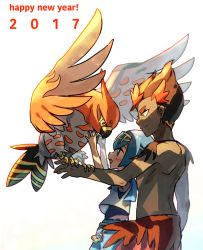 Rule 34 | 1boy, 1girl, 2017, bird, blue eyes, blue hair, blush, commentary request, creatures (company), dark-skinned male, dark skin, dated, game freak, gen 6 pokemon, happy new year, kiawe (pokemon), lana (pokemon), multicolored hair, new year, nintendo, open mouth, pokemon, pokemon (creature), pokemon on arm, pokemon sm, shinonoko (tubamecider), shoulder blades, simple background, smile, talonflame, tongue, topless male, two-tone hair, white background