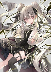 Rule 34 | 1girl, black dress, blush, bow, breasts, bright pupils, dress, electricity, frilled dress, frills, grey hair, hair bow, hair ornament, highres, kakao rantan, legwear garter, long hair, long sleeves, looking at viewer, original, simple background, single thighhigh, small breasts, solo, thighhighs, twintails, white pupils, white sleeves