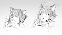 Rule 34 | ..., 1boy, 1girl, anger vein, animal ears, blue archive, bulge, cat ears, erection, erection under clothes, greyscale, hair ornament, hairclip, half-closed eyes, halo, heart, hetero, highres, kazusa (blue archive), lower teeth only, monochrome, negiuma, open mouth, sketch, smelling, smelling penis, speech bubble, spoken ellipsis, teeth, wide-eyed