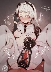 Rule 34 | 1boy, 1girl, arknights, black gloves, blush, breasts, censored, cum, english text, gloves, grey eyes, gsusart, hetero, highres, irene (arknights), long hair, looking at viewer, medium breasts, mosaic censoring, nipples, pantyhose, penis, scar, scar across eye, solo focus, sweat, torn clothes, torn pantyhose, white hair, white pantyhose