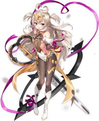 Rule 34 | 1girl, artist request, bodystocking, boots, detached sleeves, epic seven, flat chest, floating, full body, green eyes, grey hair, hand up, headpiece, heart, holding, holding weapon, knee boots, leotard, lilibet (epic seven), long hair, looking at viewer, official art, open mouth, pointy ears, purple ribbon, ribbon, simple background, solo, third-party source, transparent background, two side up, weapon