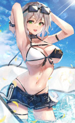 Rule 34 | 1girl, :d, absurdres, armband, armpits, arms up, bikini, bikini skirt, blue sky, breasts, cloud, collarbone, commentary, crossed bangs, day, english commentary, eyewear on head, green eyes, highleg, highleg bikini, highres, hololive, large breasts, lens flare, looking at viewer, navel, open mouth, outdoors, petals, scrunchie, shirogane noel, shirogane noel (summer 2020), silver hair, sky, smile, solo, standing, sunglasses, sunglasses on head, sunlight, swimsuit, taht (that is mm), teeth, underboob, upper teeth only, virtual youtuber, wading, wrist scrunchie