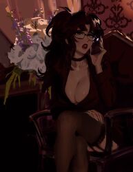 Rule 34 | 1girl, absurdres, black-framed eyewear, black choker, black garter straps, black hair, black thighhighs, breasts, chair, choker, cleavage, commentary, crossed legs, english commentary, garter straps, glasses, highres, holding, holding phone, indoors, lacryboy, large breasts, long hair, long sleeves, looking at viewer, miles (lacryboy), mirror, original, phone, plunging neckline, ponytail, red lips, sitting, solo, talking on phone, thighhighs