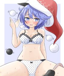 Rule 34 | 1girl, @ @, animal ears, bikini, blue background, blue eyes, blue hair, blush, breasts, cleavage, commentary request, doremy sweet, hat, highres, large breasts, looking at viewer, navel, nightcap, open mouth, polka dot, polka dot bikini, pom pom (clothes), red hat, short hair, simple background, solo, sweat, swimsuit, tail, tapir ears, tapir girl, tapir tail, touhou, white bikini, zenji029