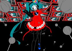 Rule 34 | 1girl, asymmetrical hair, black hairband, black ribbon, black skin, blue footwear, candy, closed eyes, colored skin, commentary, covered face, dress, eiku, eye symbol, eyeball hair ornament, folded hair, food, foot out of frame, from above, hair ribbon, hairband, hatsune miku, high heels, highres, juliet sleeves, lollipop, long sleeves, looking at viewer, milestone celebration, multiple views, outstretched hand, pleated dress, psi (vocaloid), puffy sleeves, reaching, reaching towards viewer, recurring image, red dress, ribbon, short dress, signature, smile, standing, television, twintails, vocaloid, white skin