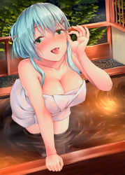 Rule 34 | 10s, 1girl, :p, alternate hairstyle, aqua hair, arm support, awa yume, bare shoulders, barefoot, bath, bent over, blush, breasts, cleavage, collarbone, drunk, eyebrows, eyelashes, green eyes, hair between eyes, hair ornament, hair up, hairclip, hand up, kantai collection, leaning forward, long hair, looking at viewer, medium breasts, naked towel, night, ok sign, open mouth, palms, pebble, railing, ripples, sidelocks, solo, standing, suzuya (kancolle), tongue, tongue out, towel, tree, wading