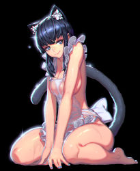 Rule 34 | 1girl, animal ears, apron, barefoot, between legs, bikini, black bikini, black hair, blue eyes, blue nails, breasts, cat ears, cat tail, cleavage, closed mouth, eyebrows, eyelashes, fingernails, frilled apron, frills, full body, han-0v0, hand between legs, highres, large breasts, nail polish, naked apron, original, purple eyes, see-through, sidelocks, simple background, sitting, smile, solo, swimsuit, tail, wariza, wet, wet clothes