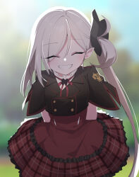 Rule 34 | 1girl, arsyky14, asymmetrical hair, bent over, black jacket, blurry, blurry background, closed eyes, grey hair, grin, hair ornament, hair scrunchie, hands behind, high-waist skirt, highres, jacket, layered shirt, long hair, mutsuki (blue archive), neck ribbon, parted bangs, plaid, plaid skirt, pointy ears, ribbon, scrunchie, side ponytail, skirt, smile, solo, standing, teeth, upper body, very long hair