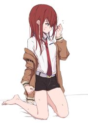 Rule 34 | 1girl, bare legs, barefoot, belt, black shorts, blue eyes, blush, brown jacket, closed mouth, commentary request, full body, highres, jacket, kahlua (artist), kneeling, long hair, long sleeves, makise kurisu, necktie, no legwear, off shoulder, open clothes, open jacket, red hair, red neckwear, shirt, short shorts, shorts, simple background, steins;gate, white background, white shirt