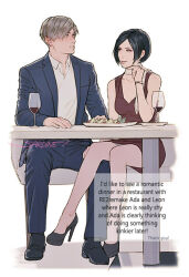 Rule 34 | 1boy, 1girl, ada wong, black hair, blush, brown hair, cup, drinking glass, english text, eye contact, formal, high heels, leon s. kennedy, looking at another, open collar, resident evil, resident evil 2, resident evil 2 (remake), sardine (kjr0313), short hair, simple background, smile, suit, table, wine glass