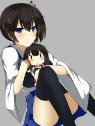 Rule 34 | 10s, 1girl, 96neko96, :&gt;, :t, akagi (kancolle), armor, blue eyes, blush stickers, brown hair, character doll, doll, japanese clothes, kaga (kancolle), kantai collection, looking at viewer, muneate, naoto (96neko96), side ponytail, sitting, solo, thighhighs, wide sleeves