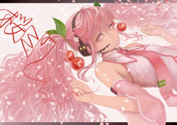 Rule 34 | 1girl, cherry, cherry hair ornament, closed mouth, detached sleeves, food, food-themed hair ornament, fruit, hair ornament, hair spread out, hatsune miku, headphones, long hair, long sleeves, looking at viewer, lying, microphone, necktie, on back, pink eyes, pink hair, pink necktie, sakura miku, shirt, sleeveless, sleeveless shirt, solo, string, string of fate, toma (me666nm), twintails, vocaloid, wide sleeves