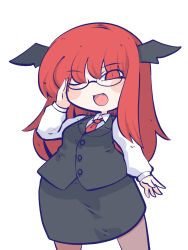 Rule 34 | 1girl, ;d, bat wings, bespectacled, black skirt, black vest, blush stickers, breasts, brown pantyhose, chahan (fried rice0614), chibi, collared shirt, commentary request, cowboy shot, fang, glasses, head wings, highres, koakuma, legs apart, long hair, long sleeves, looking at viewer, necktie, no wings, one eye closed, open mouth, pantyhose, puffy long sleeves, puffy sleeves, red eyes, red hair, red necktie, semi-rimless eyewear, shirt, simple background, skirt, skirt set, small breasts, smile, solo, touhou, vest, white background, white shirt, wing collar, wings
